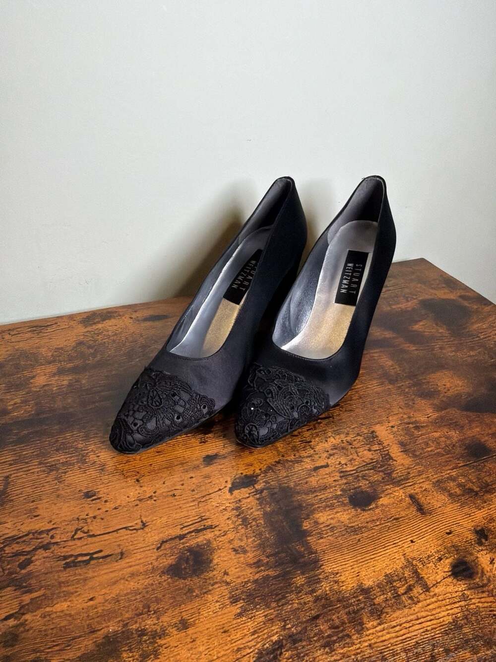 Vintage Stuart Weitzman Black Satin Lace Cap Toe Block Heels